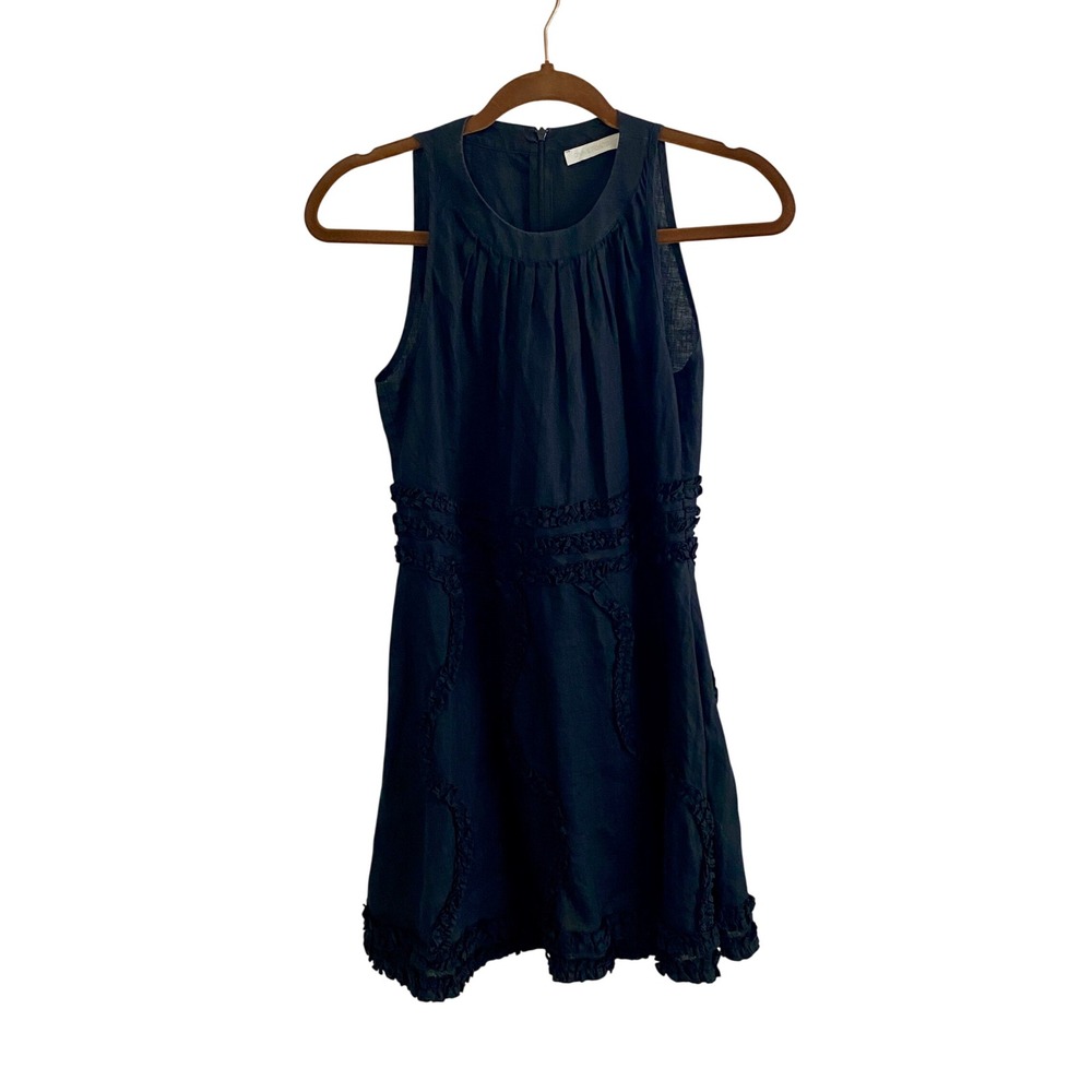 Anne Fontaine Maryvonne Black Linen Ruffle Mini‎ Dress Sleeveless Luxury